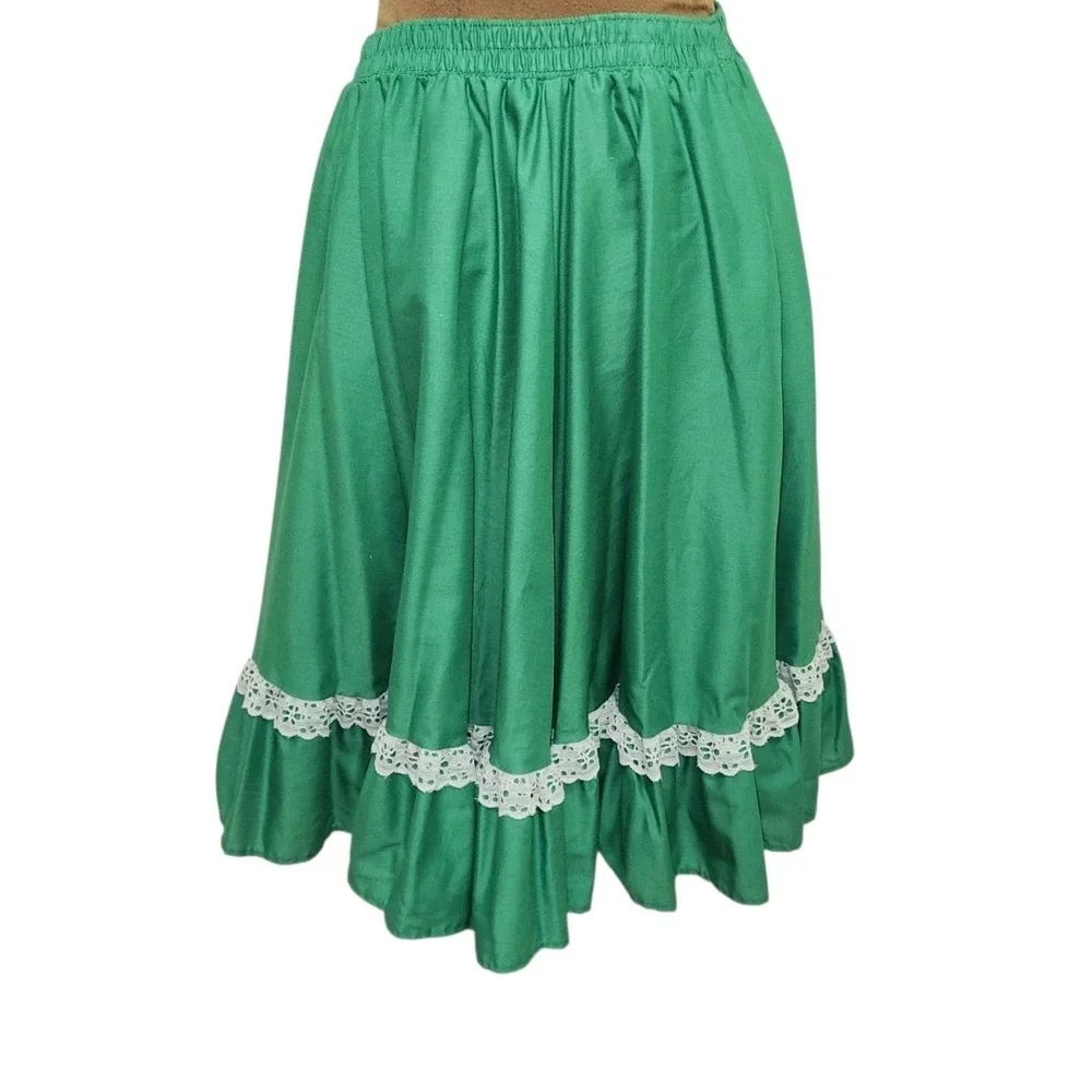 Vintage Circle Skirt Womens Size M Kelly Green Lace Trim Full Elastic Waist